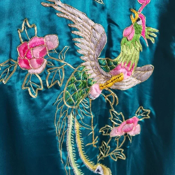 Vintage Silk Robe Phoenix Dragon Motif Teal Blue Medium